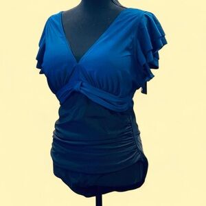 Old Hollywood Retro Blooming Jelly Sexy Blue Black One-Piece Swimsuit 2XL NEW